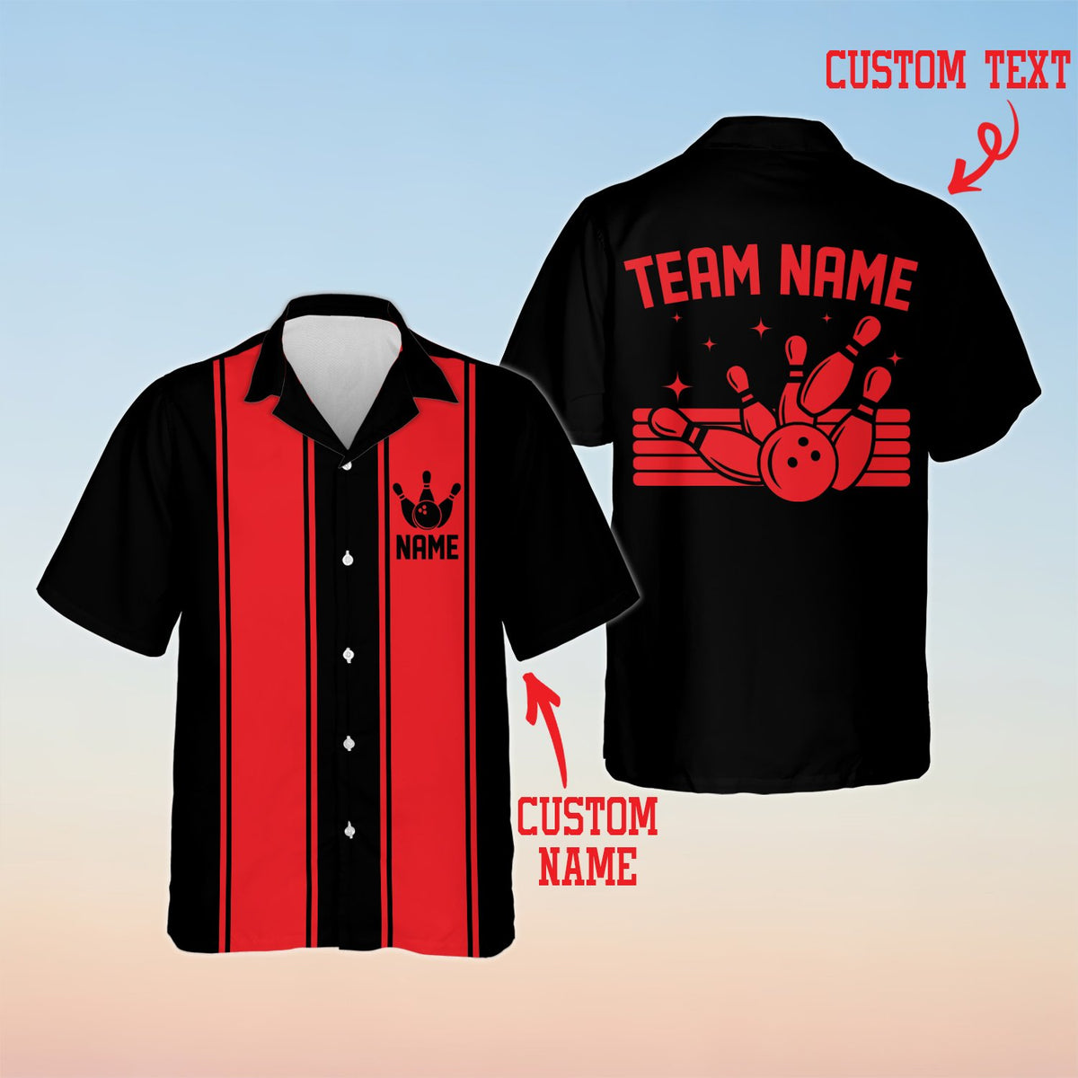 Personalized black bowling hawaiian shirt with custom name and number, front view