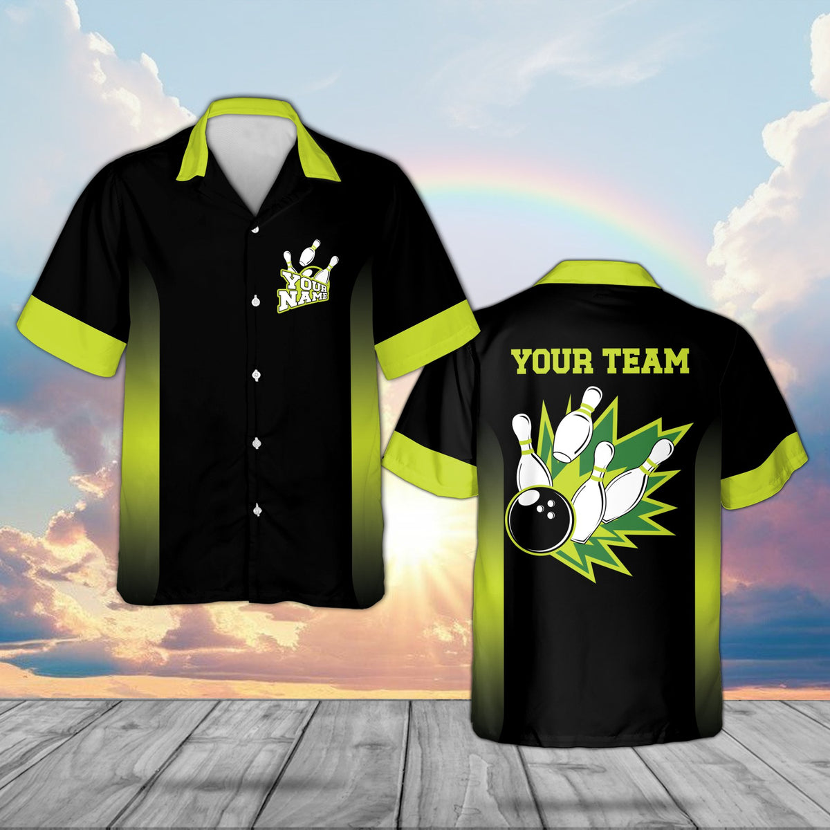 Front view of the black and blue custom bowling hawaiian shirt