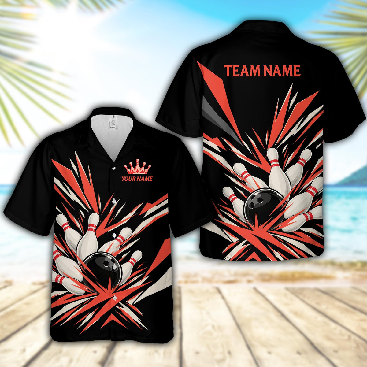 Black personalized bowling hawaiian shirt with custom name and number, front view