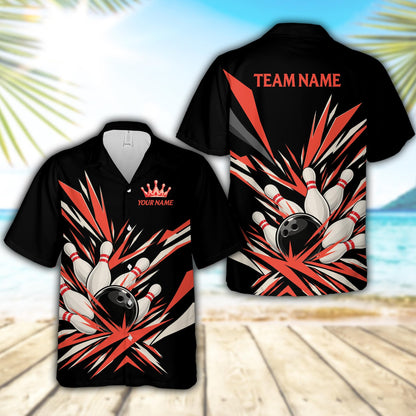 Black personalized bowling hawaiian shirt with custom name and number, front view