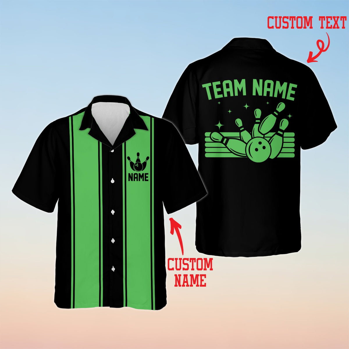 Black matching family bowling hawaiian shirt, alternate front view 2