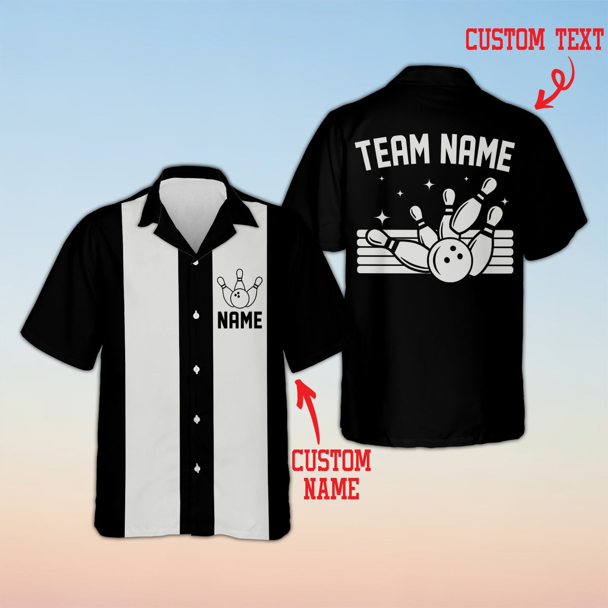 Black retro bowling hawaiian shirt with vertical stripe, front view