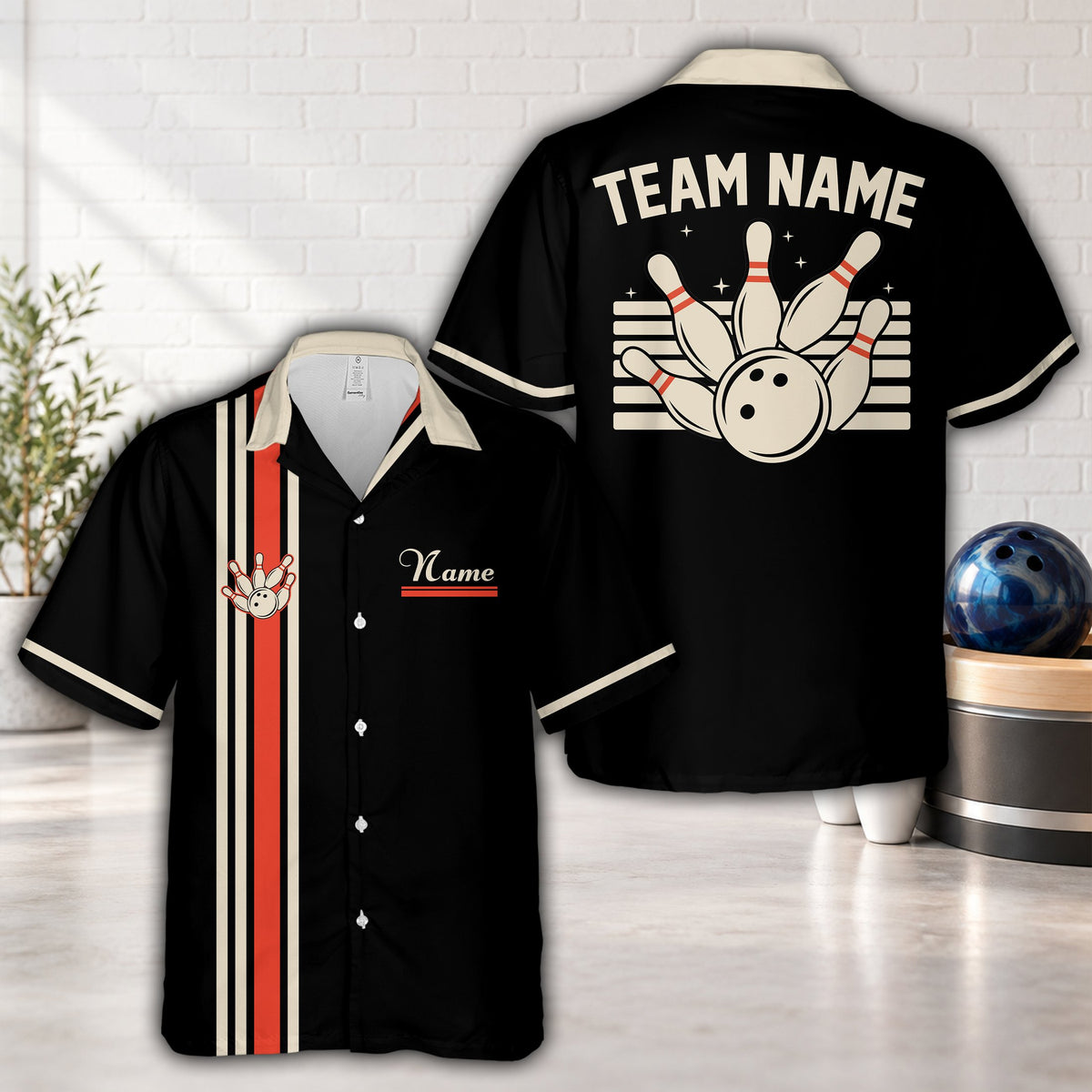 Black personalized hawaiian bowling shirt front view
