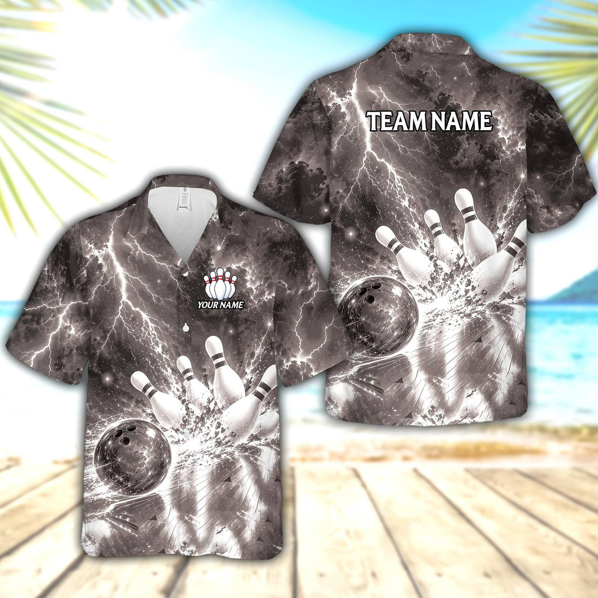 Front view of the personalized black bowling hawaiian shirt