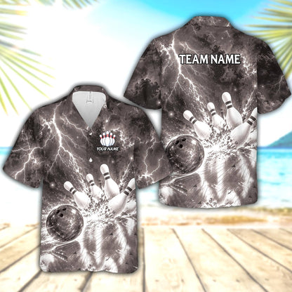 Front view of the personalized black bowling hawaiian shirt