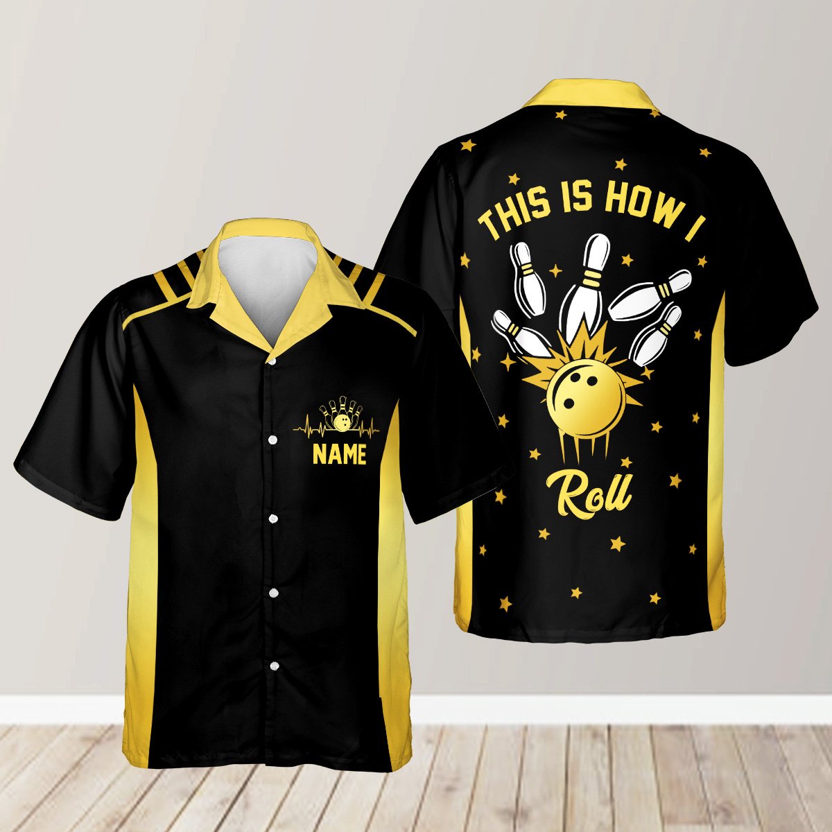 Red personalized bowling hawaiian shirt with custom name, front view