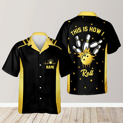 Red personalized bowling hawaiian shirt with custom name, front view