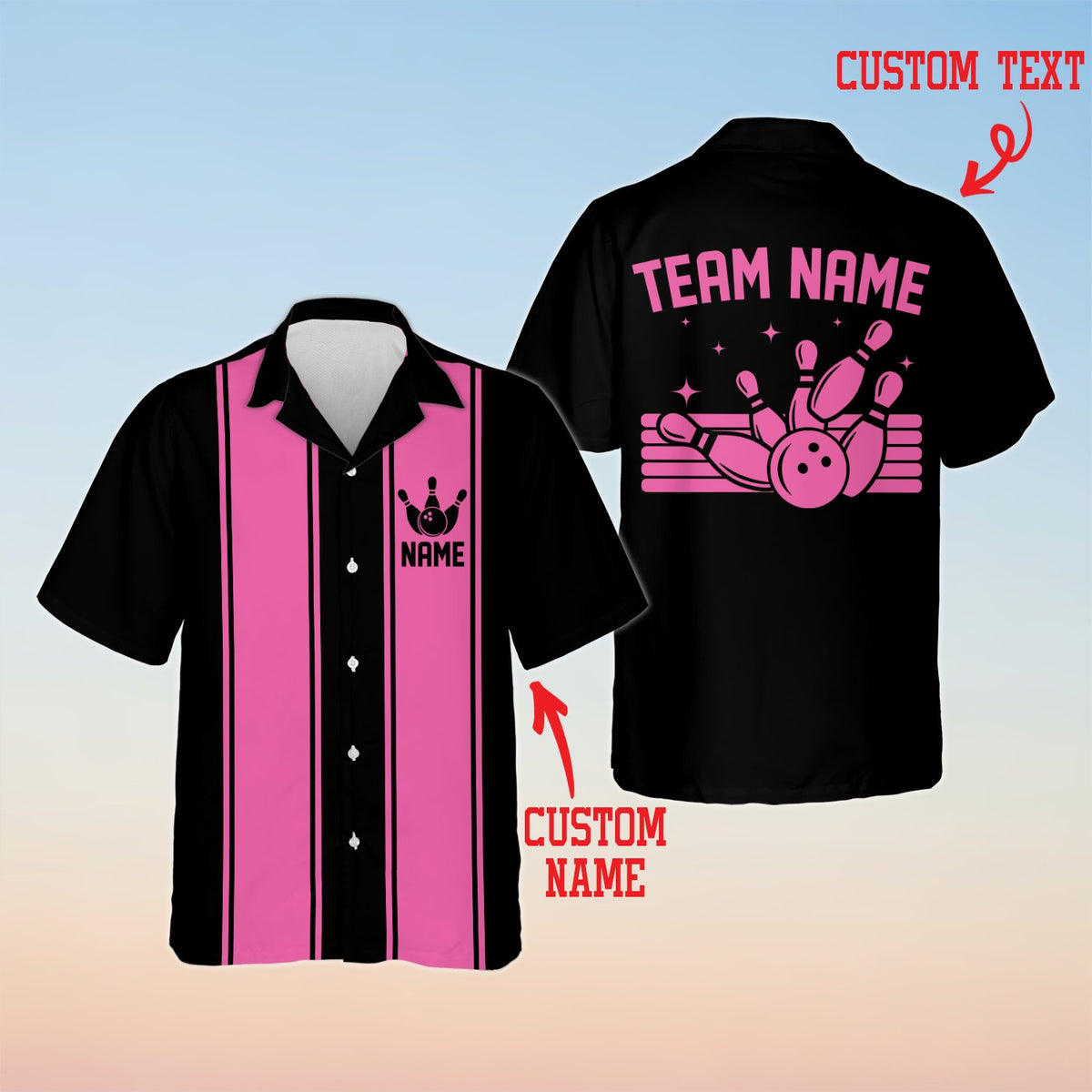 Black matching family bowling hawaiian shirt, alternate front view 4