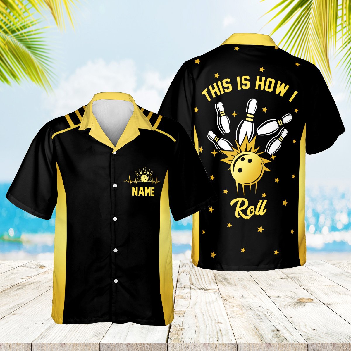 Purple personalized bowling hawaiian shirt with custom name, front view