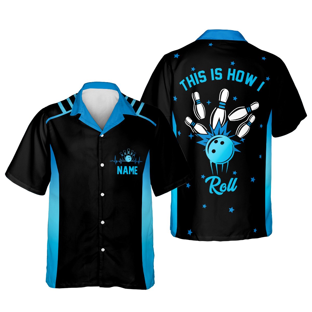 Orange personalized bowling hawaiian shirt with custom name, front view