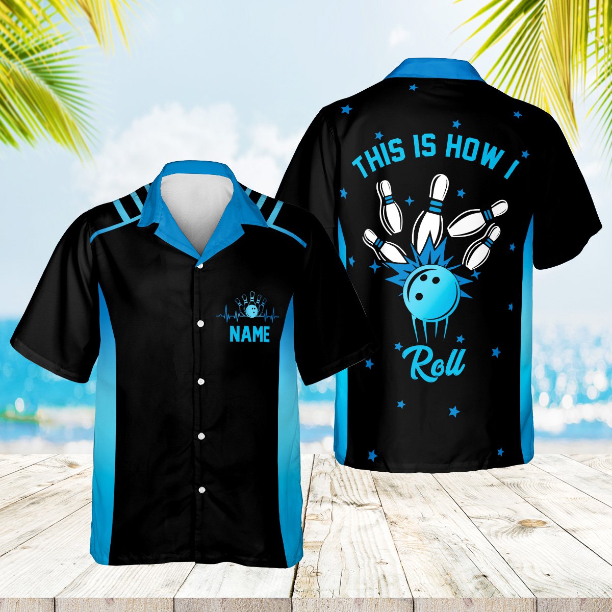 Detail view of front heartbeat graphic and custom name on bowling hawaiian shirt