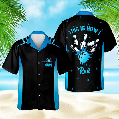 Back view of bowling hawaiian shirt featuring THIS IS HOW I Roll strike graphic