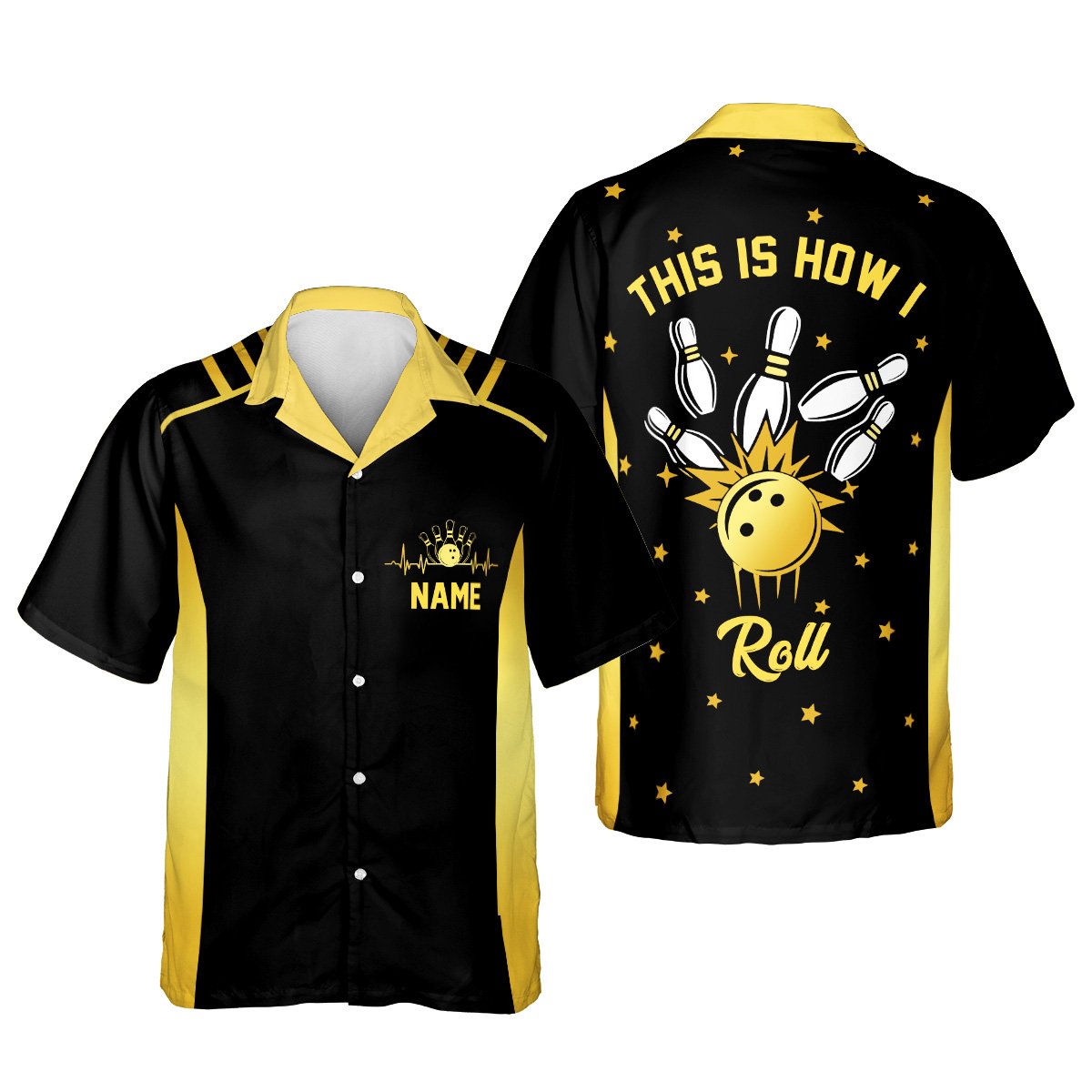 Black personalized bowling hawaiian shirt with custom name and heartbeat graphic, front view