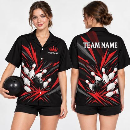 Lifestyle view of someone wearing the matching family hawaiian shirts with a bowling theme