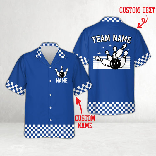Matching family hawaiian shirts in beige with custom bowling design, front view