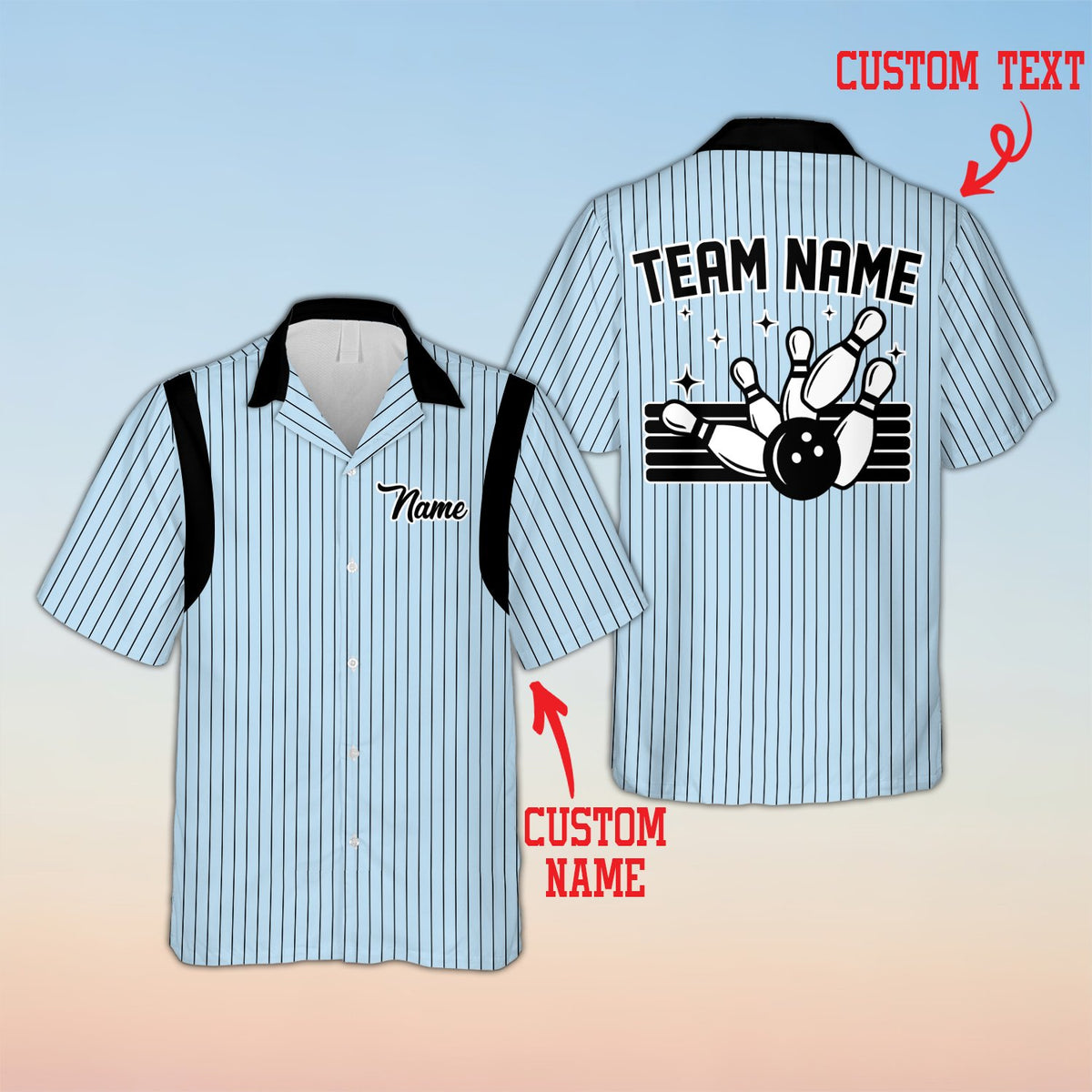Blue bowling hawaiian shirt with custom name and number, main view
