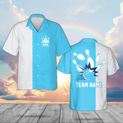 Personalized light blue bowling hawaiian shirt with custom name, front view
