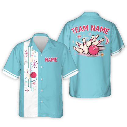 Light blue bowling hawaiian shirt with custom name personalization on the left chest, front view