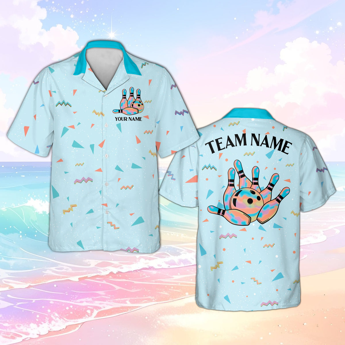 Blue geometric hawaiian shirt showing bowling ball and pins graphic