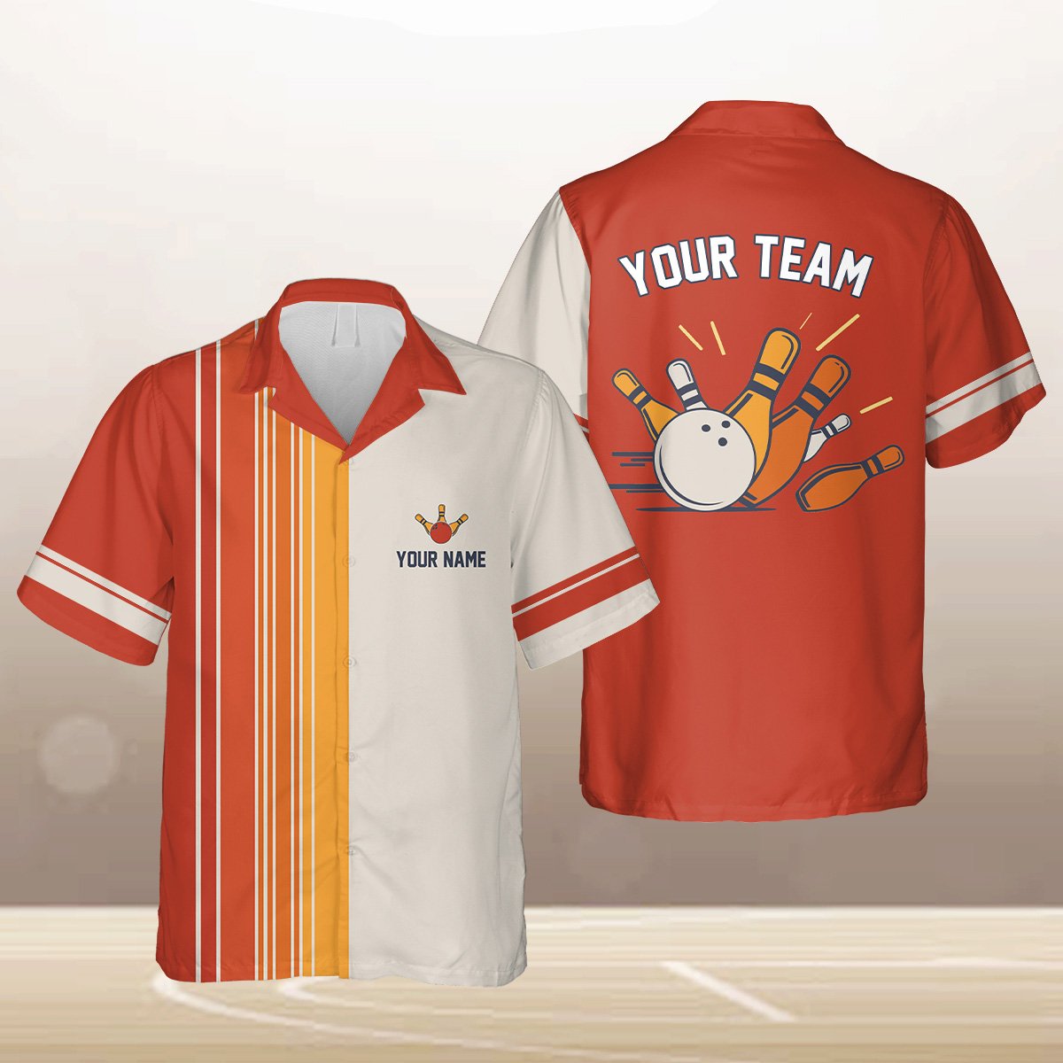 Blue retro bowling hawaiian shirt with custom text and bowling pins, front view 4