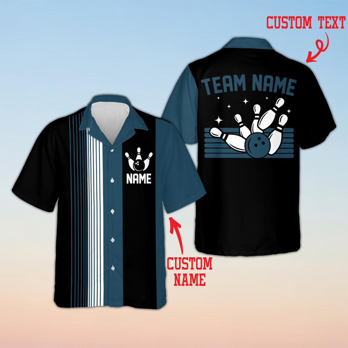 Blue custom team name bowling shirt, front view