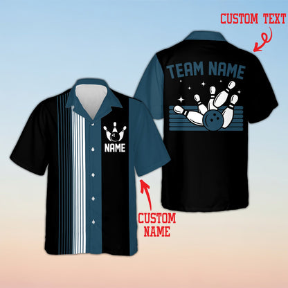 Blue custom team name bowling shirt, front view