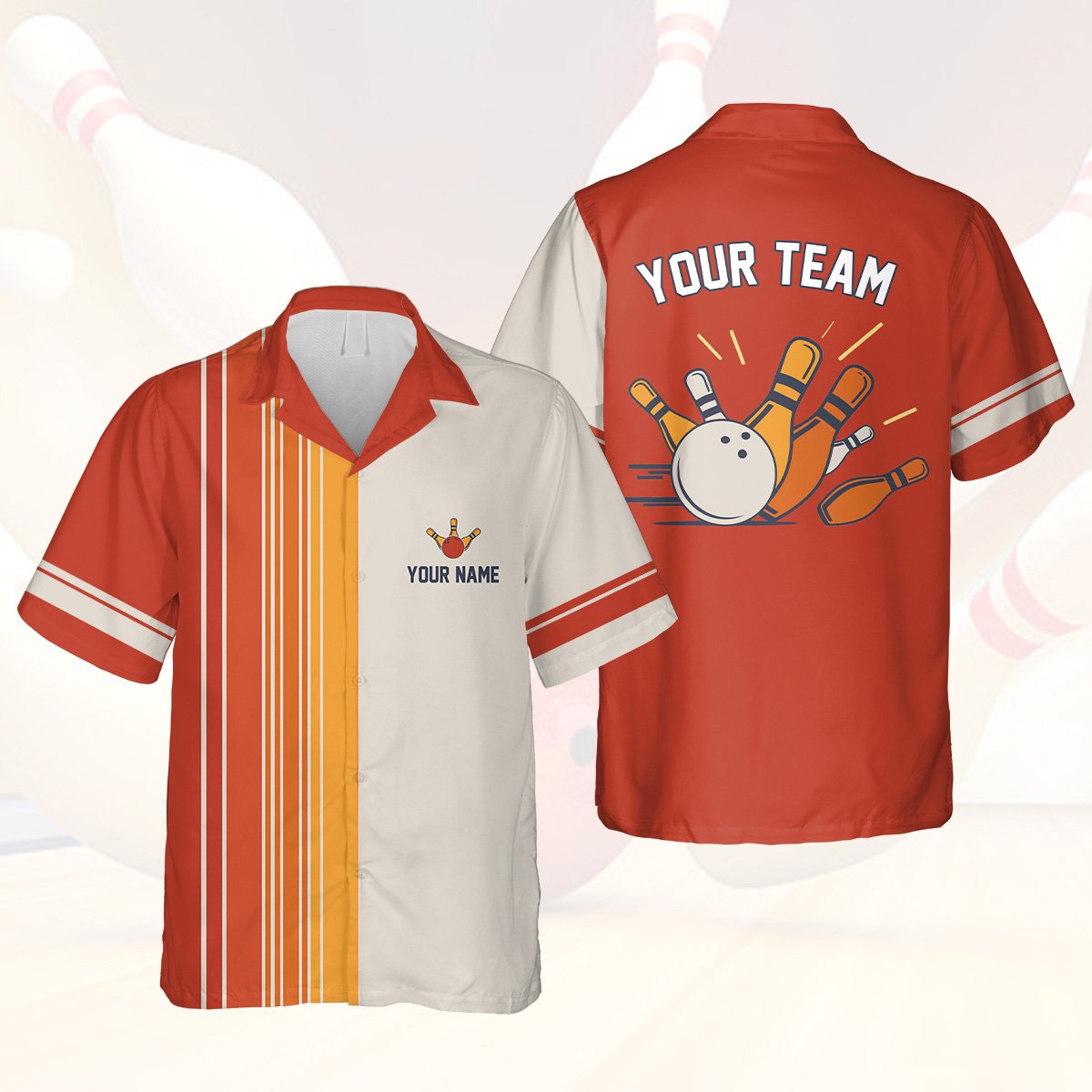 Custom blue retro bowling hawaiian shirt featuring stripes and custom text, main view