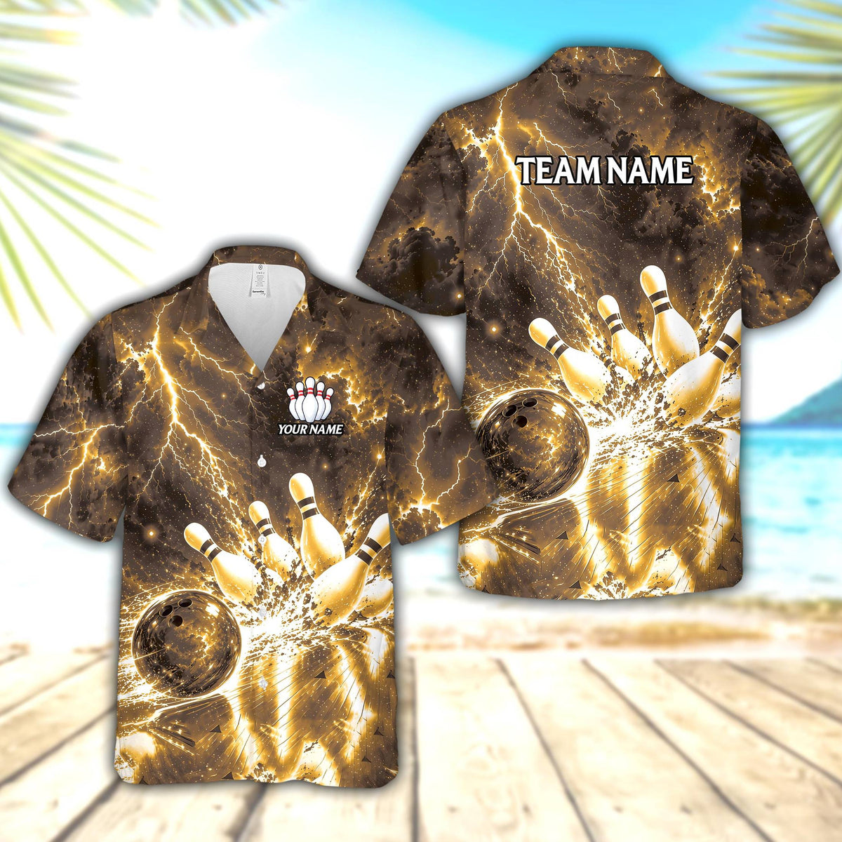 Front view of the personalized brown bowling hawaiian shirt