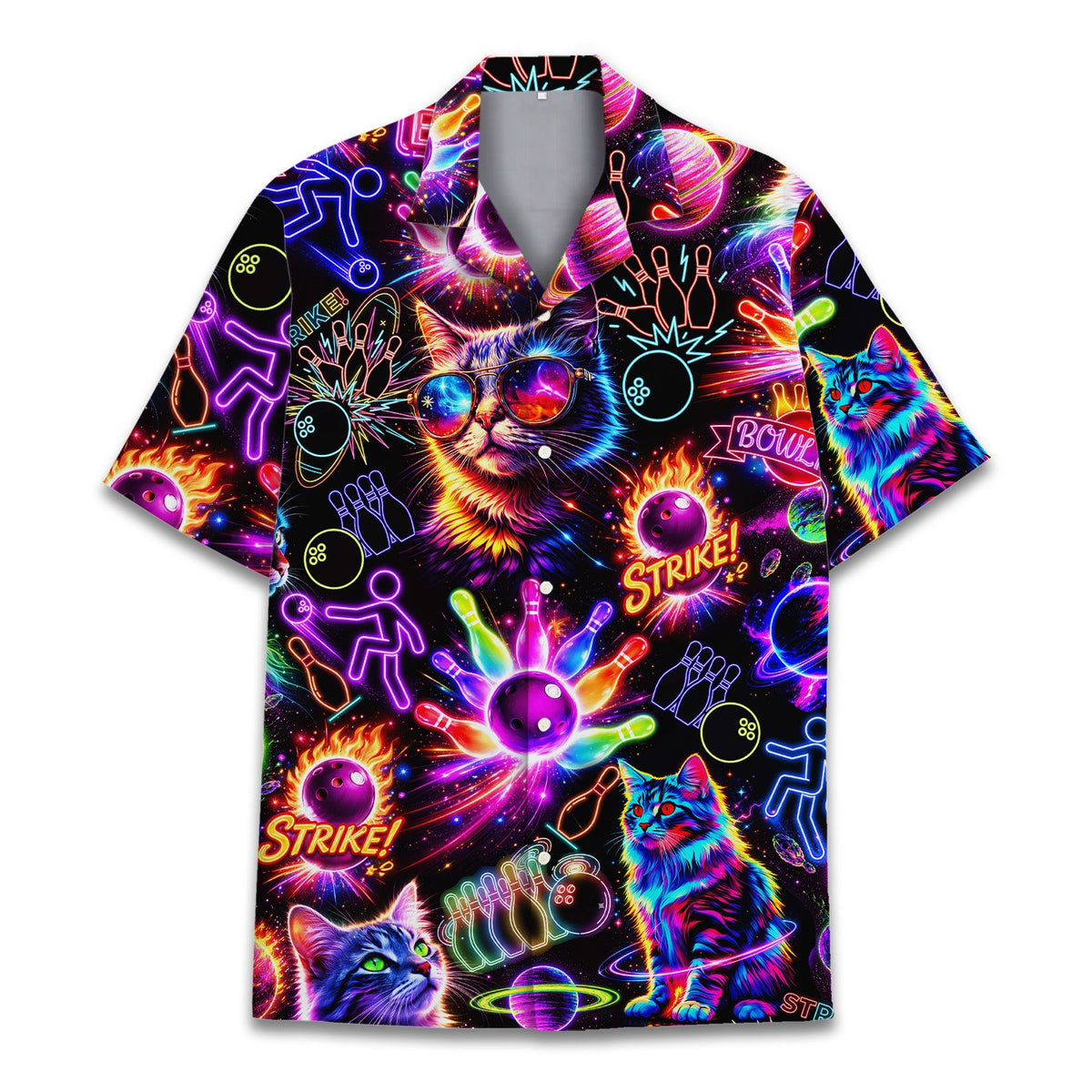 Main view of the matching family hawaiian shirts with neon bowling print