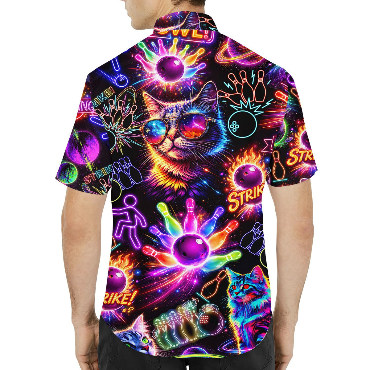 Second lifestyle view featuring the neon bowling hawaiian shirt