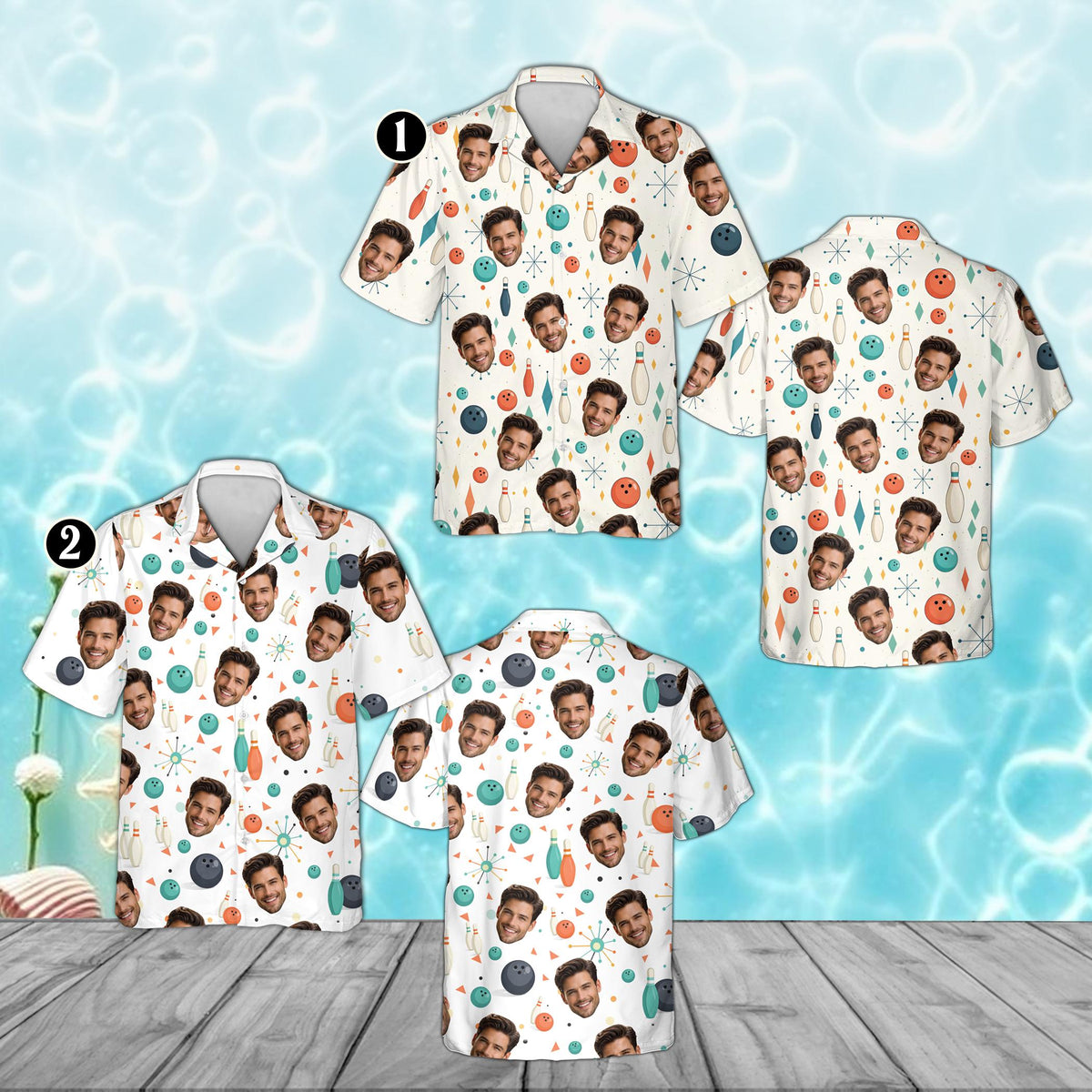 Retro bowling hawaiian shirt featuring custom face print, front view