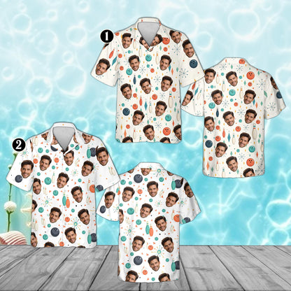 Retro bowling hawaiian shirt featuring custom face print, front view