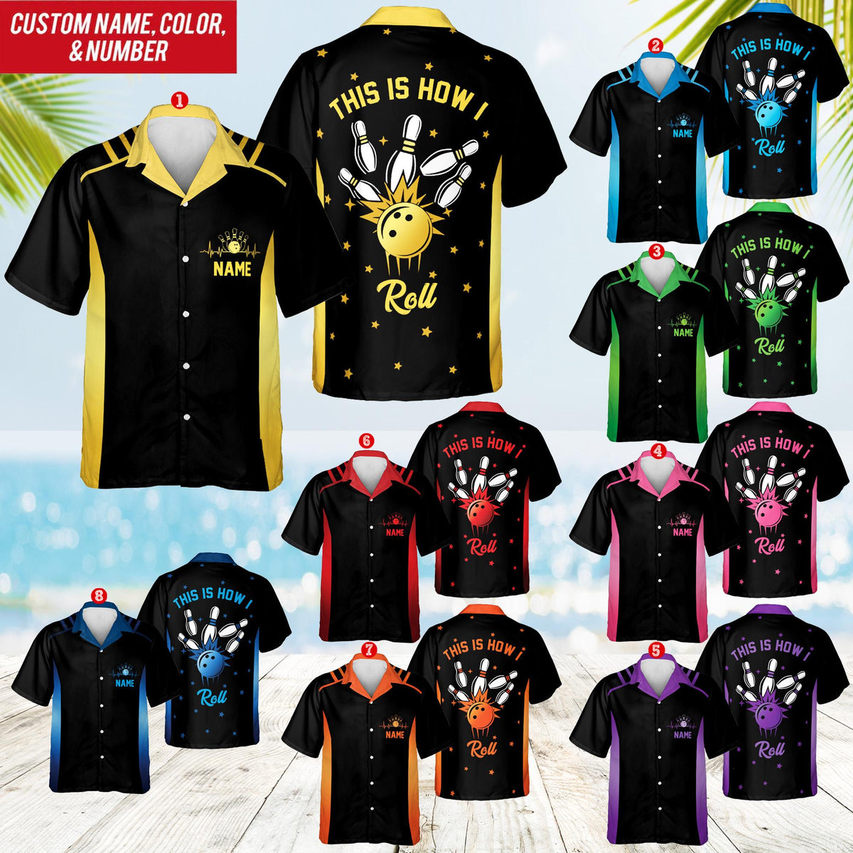Blue personalized bowling hawaiian shirt with custom name, front view
