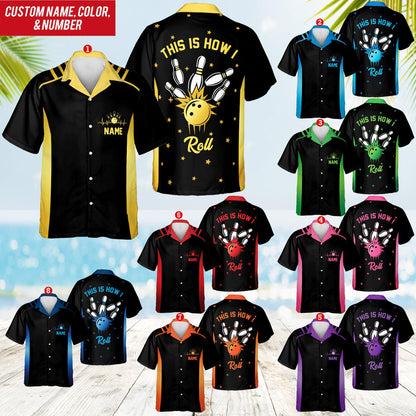 Blue personalized bowling hawaiian shirt with custom name, front view