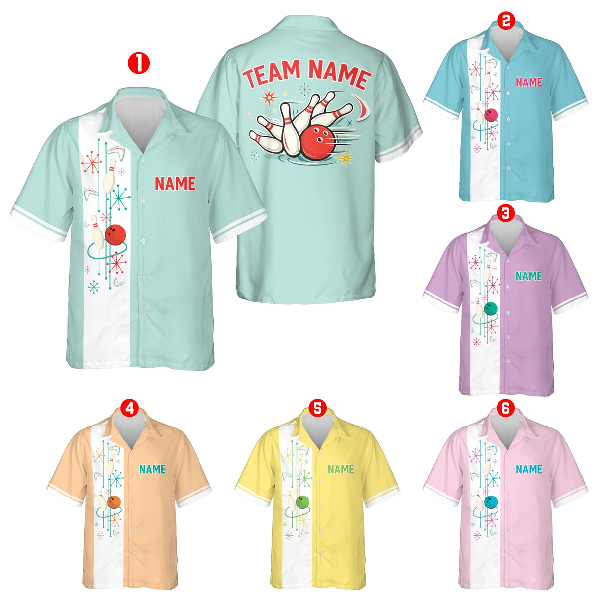 Green bowling hawaiian shirt with mid-century modern atomic starbursts, front view