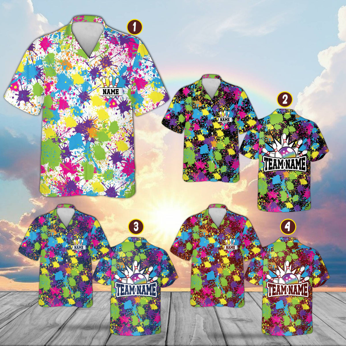 Front view of multicolor bowling hawaiian shirt for family matching