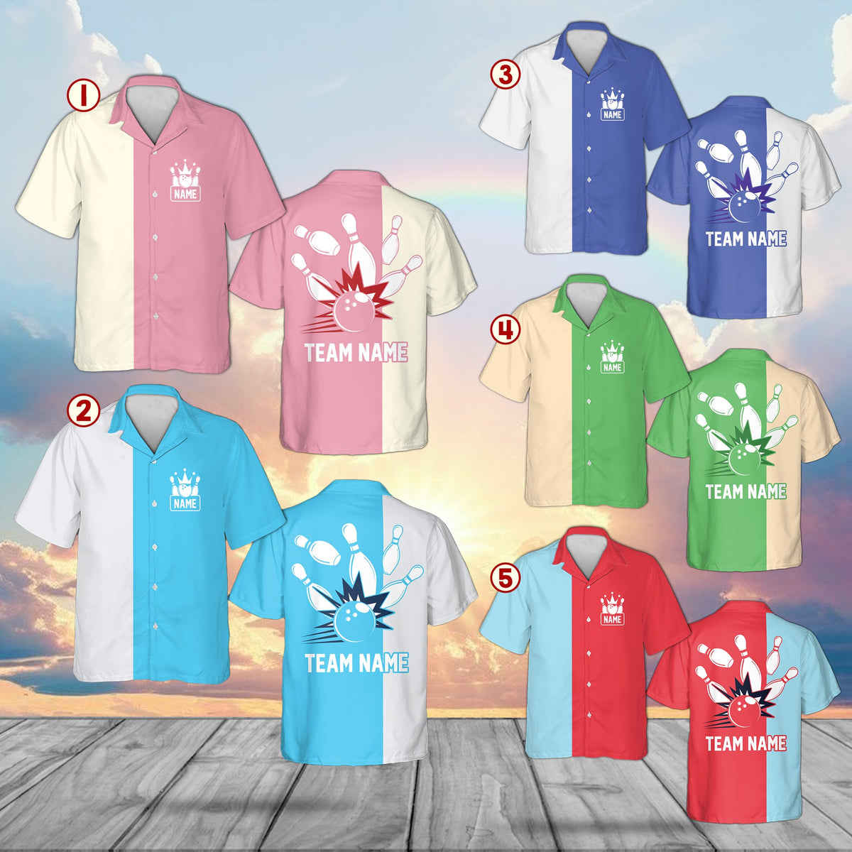 Personalized two-tone bowling hawaiian shirt with custom name, front view