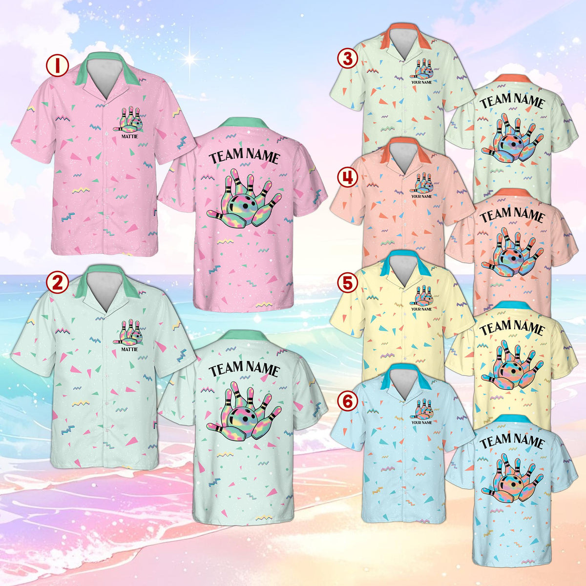 Front view of the bowling hawaiian shirt featuring retro graphic elements