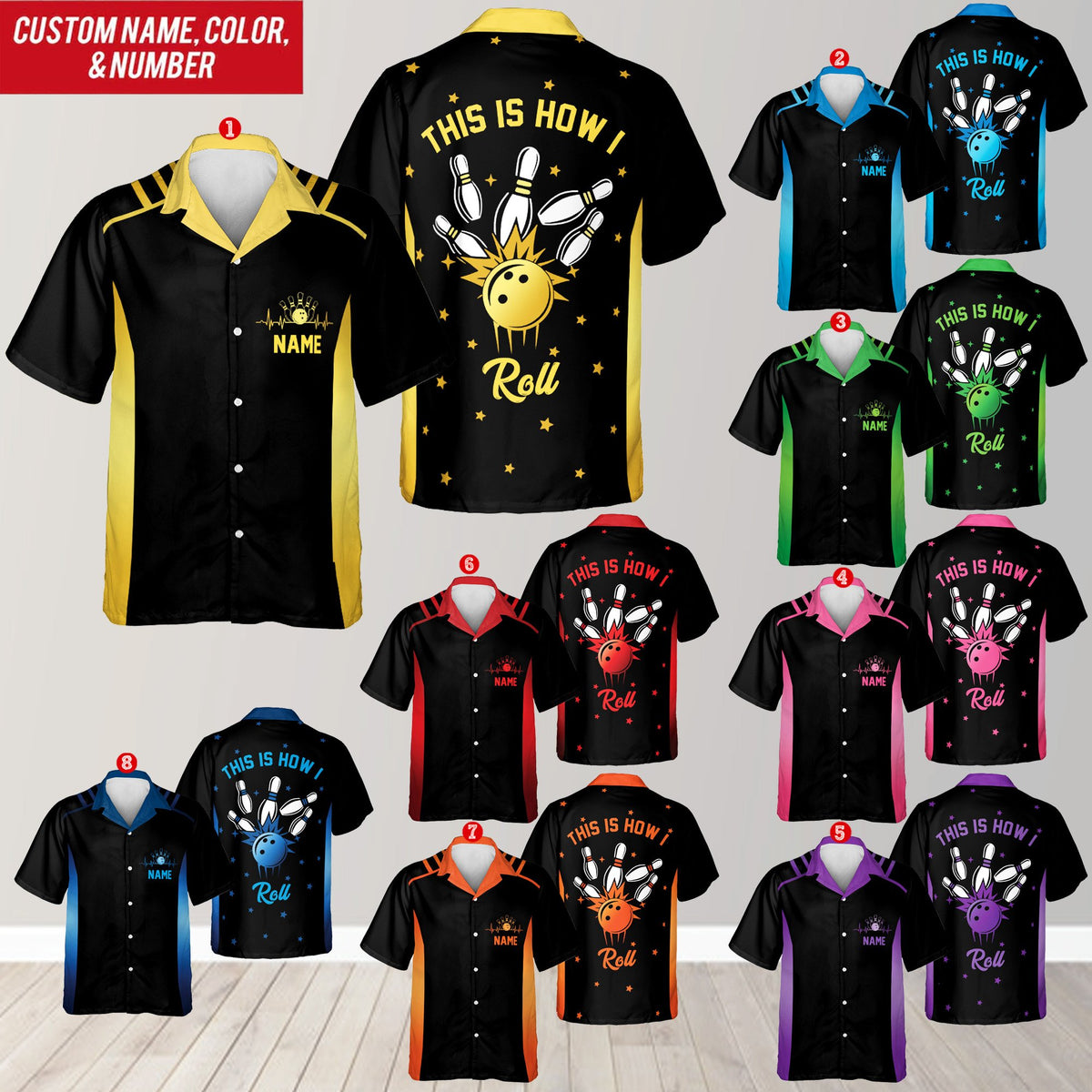 Yellow personalized bowling hawaiian shirt with custom name, front view