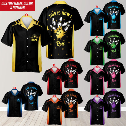 Yellow personalized bowling hawaiian shirt with custom name, front view