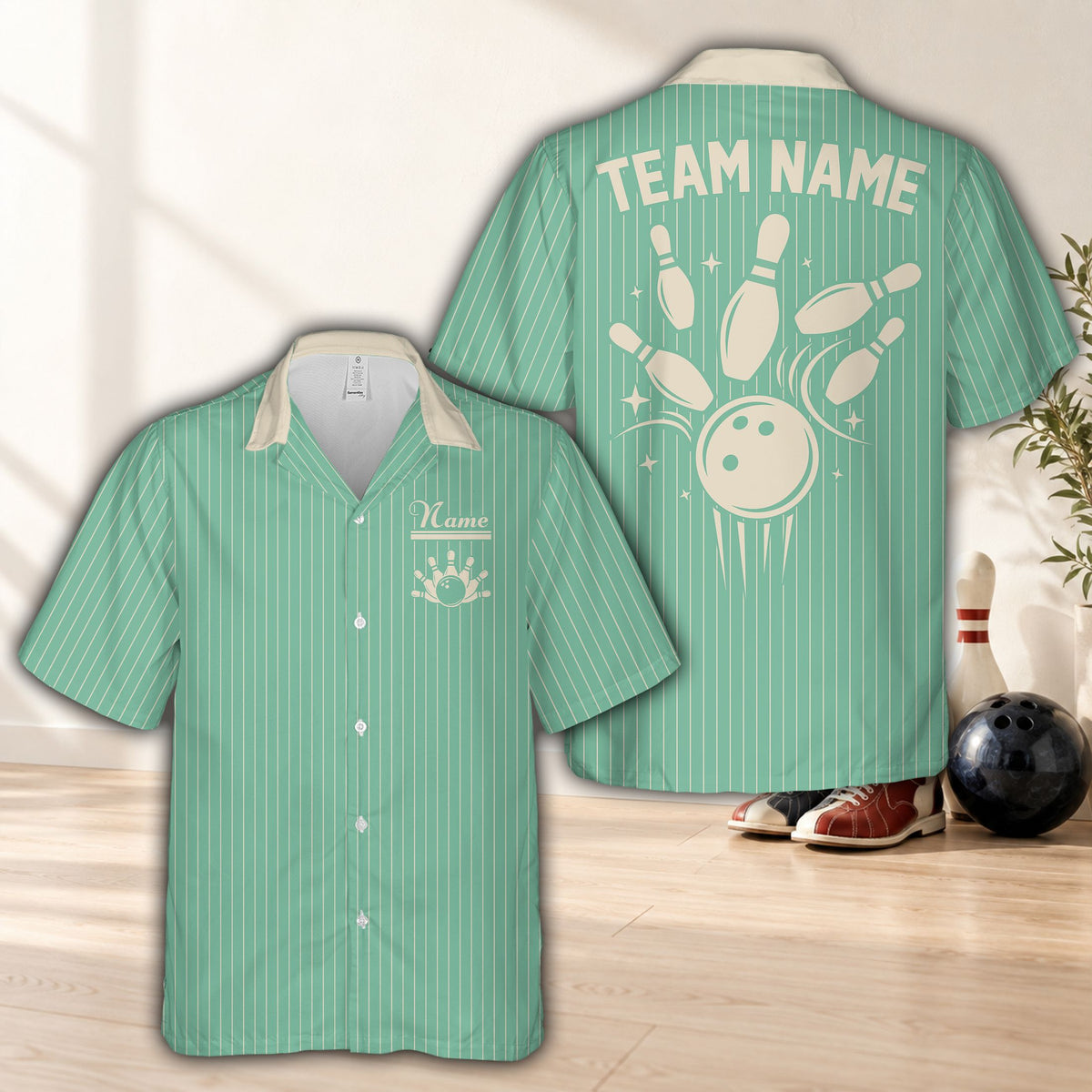 Green retro hawaiian bowling shirt showing bowling ball and pins graphic on back