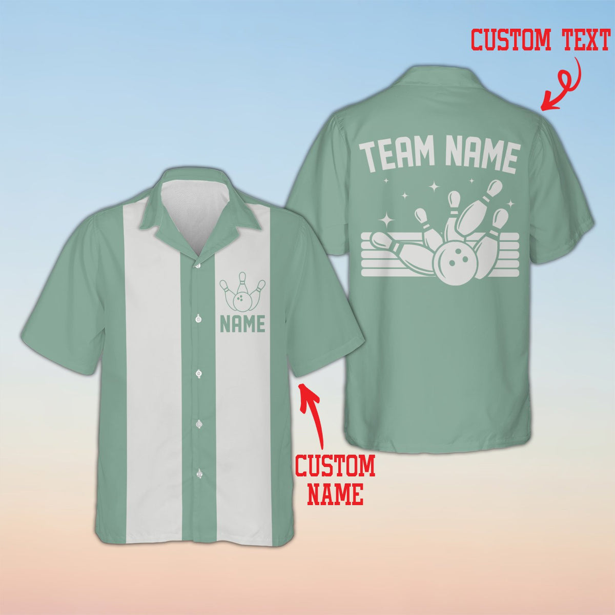 Green retro bowling hawaiian shirt with front chest graphic, front view