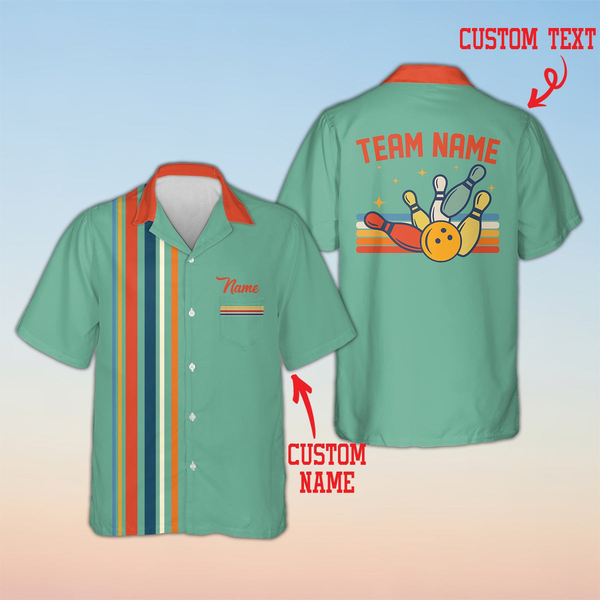 Green personalized bowling shirt with custom name on pocket, front view