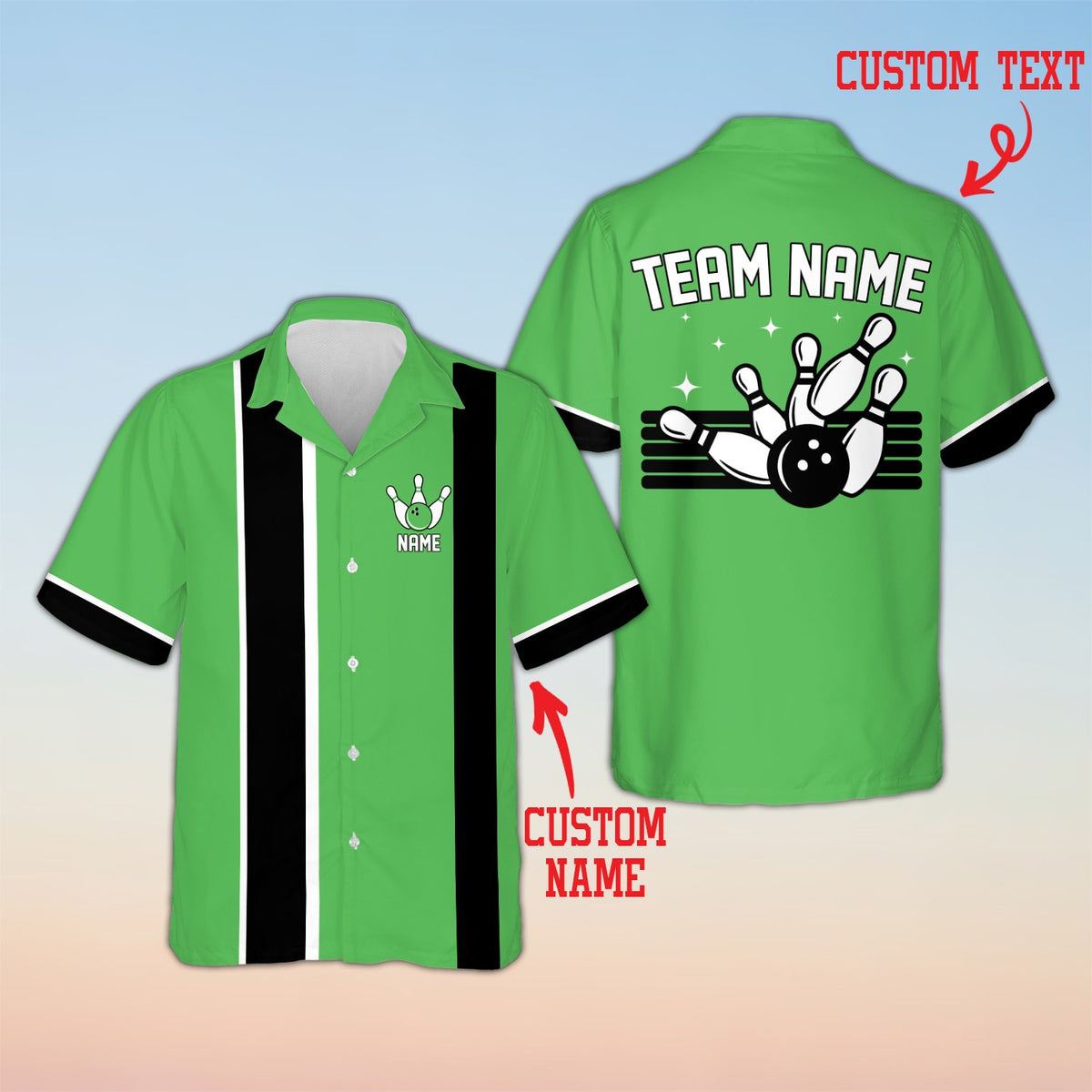 Green matching family Hawaiian shirt with bowling design, front view
