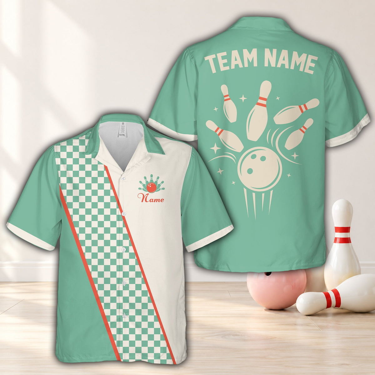 Green retro bowling hawaiian shirt with custom name and number, front view