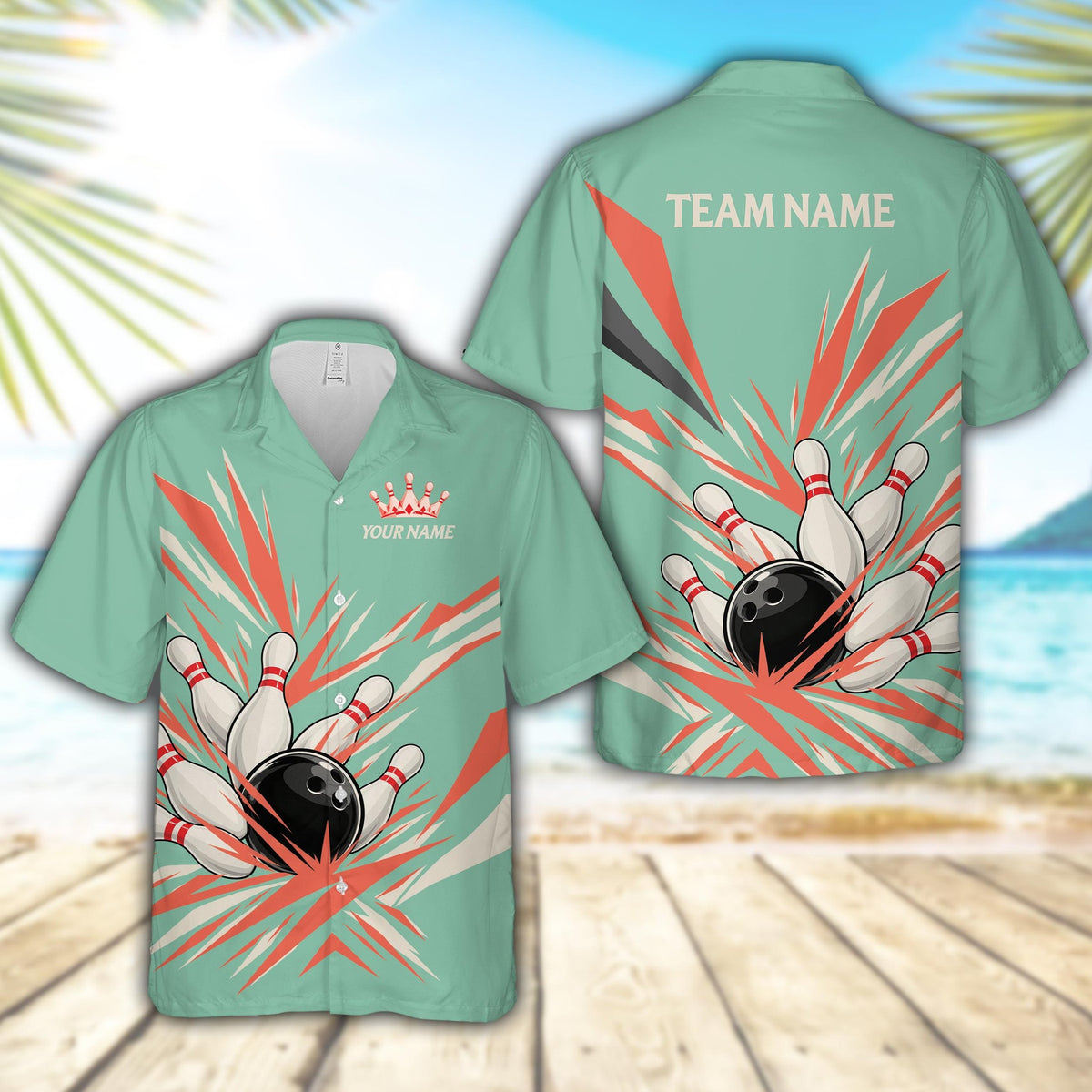 Green personalized bowling hawaiian shirt with custom name and number, front view