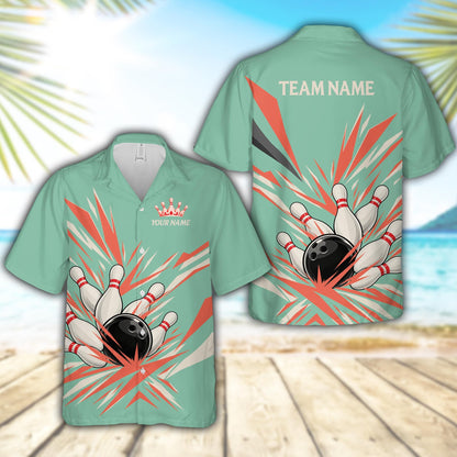Green personalized bowling hawaiian shirt with custom name and number, front view