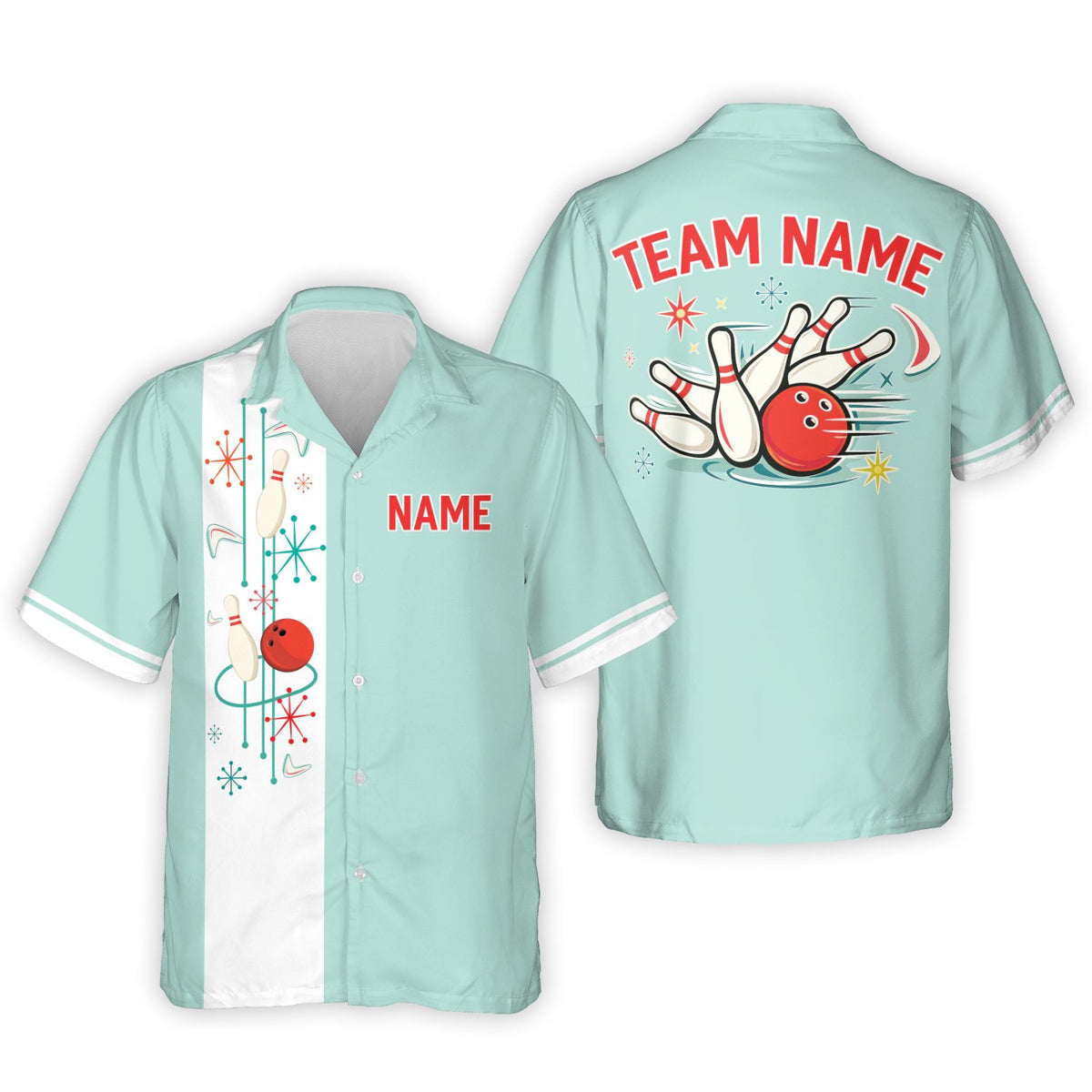 Matching family hawaiian shirts featuring a green retro bowling design with custom name and number, main view