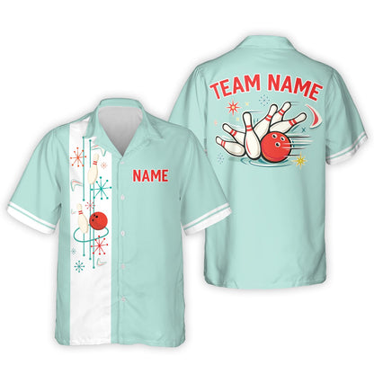 Matching family hawaiian shirts featuring a green retro bowling design with custom name and number, main view
