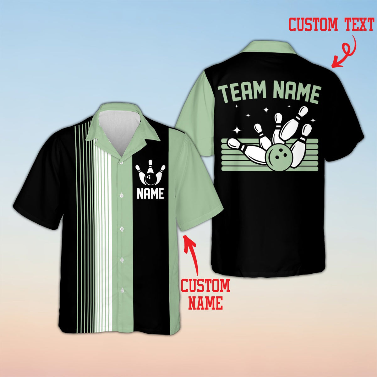 Green matching family hawaiian shirts with bowling design, front view